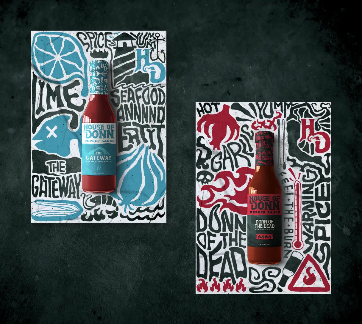 House of Donn red & blue hot sauce posters