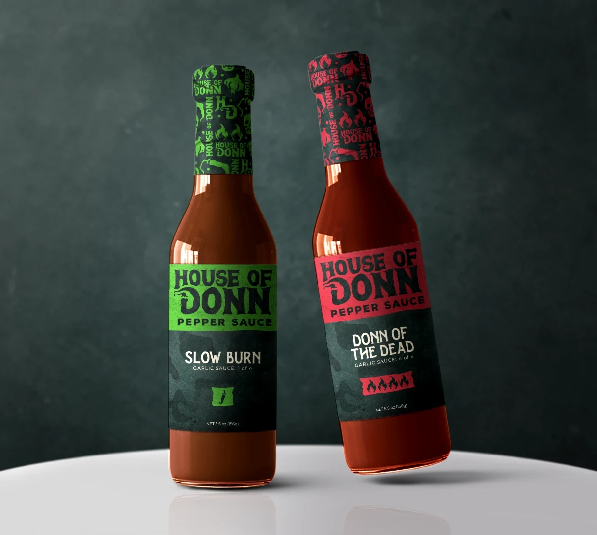 House of Donn hot sauce bottles mockup